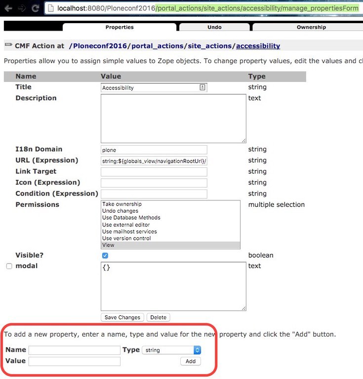 how to add a portal action property